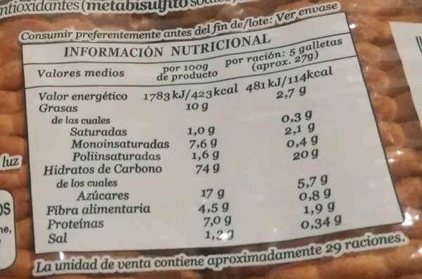 Análisis nutricional galletas maría integrales